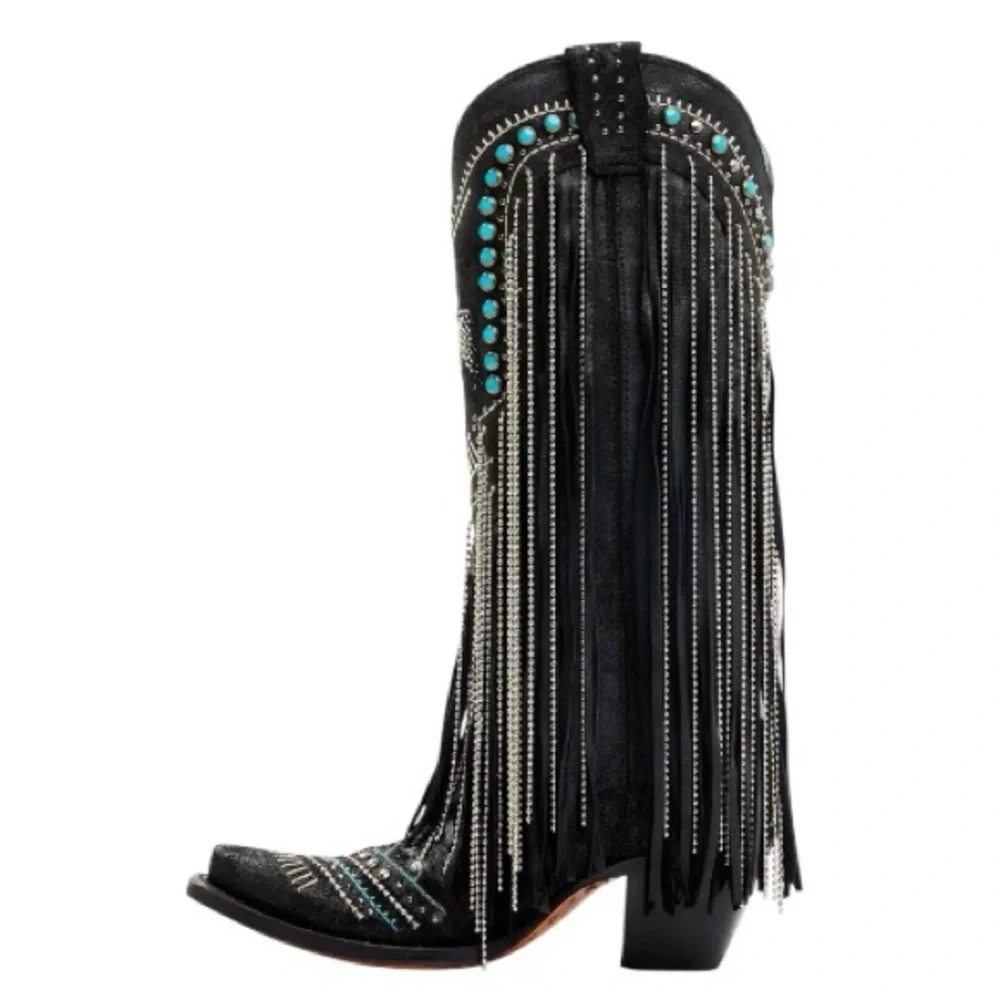 CORRAL EMBROIDERED AND CRYSTAL Black and Turquoise Eagle FRINGE WESTERN BOOTS - Picture 7 of 16